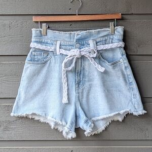 7FAM Light Wash Denim High Rise Paperbag Shorts with Braided Belt Size 27